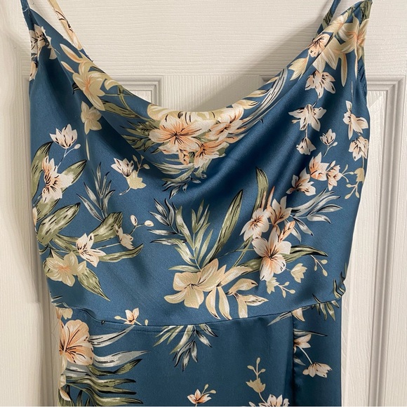 Drape Neck Floral Dress-Teal - Picture 4 of 5